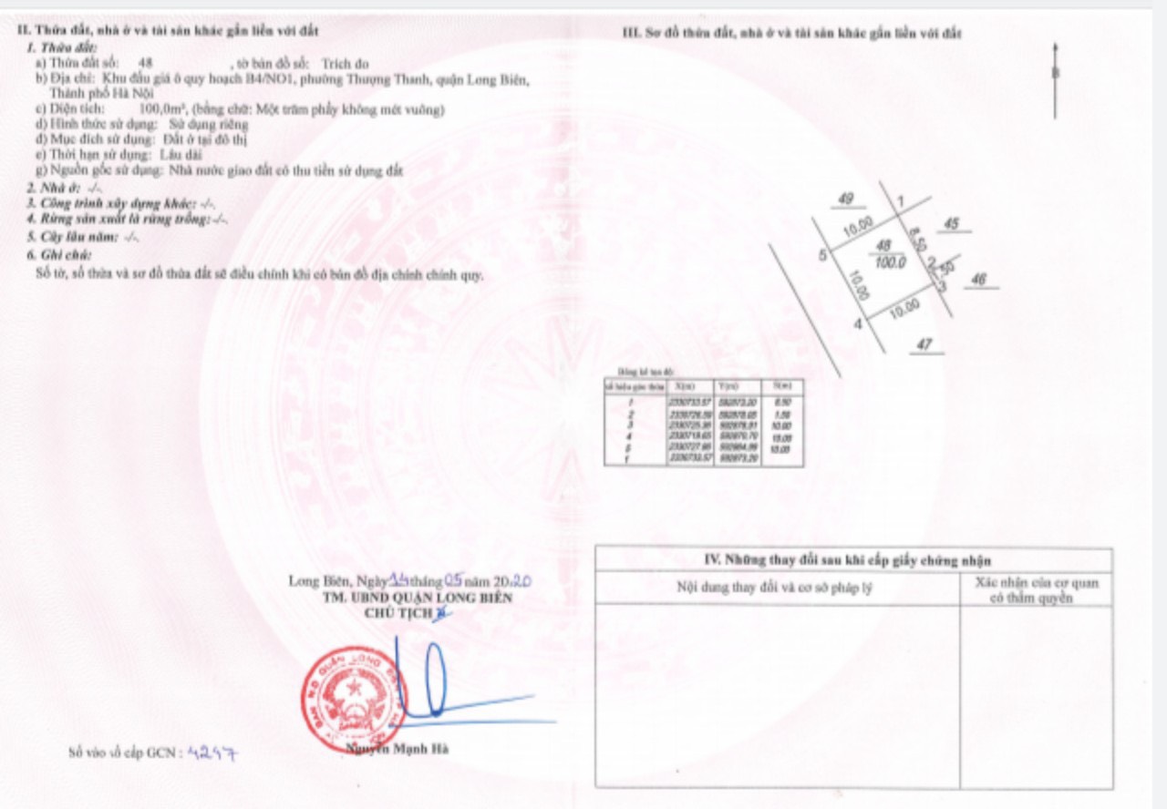 Giấy chứng nhận QSD đất lô 48 đất đấu giá phường Thượng Thanh